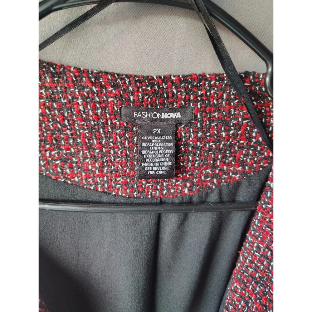 Fashion Nova Red Tweed Open Front Blazer Jacket Braided Trim Plus Size 2X JJ2130